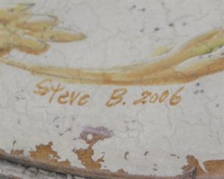French style 2 tier console table with double cane corners. distressed and hand painted, artist signed - Steve B 2006. PIC 4