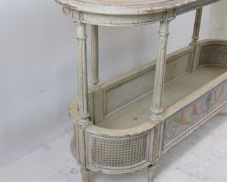 French style 2 tier console table with double cane corners. distressed and hand painted, artist signed - Steve B 2006. PIC 5