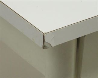 Paul MCCobb planner group laminate top stand. dented left corner, paint loss on feet. 22" wide, 17" deep, 24 1/4" high. PIC 3