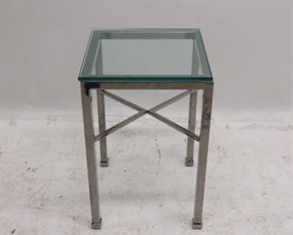 ITEM 186 ---MCM chrome and glass stand. 14" wide, 14" deep, 22" high. $125.00