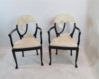 ITEM 193 ---pair of 2 tone lacquered leaf back arm chairs. paint loss on leg. 24.5" wide, 24" deep, 36" high, 17" high to seat. $150.00