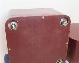 pair of designer acrylic rolling tables. has scratches, nicks, paint loss. PIC 3