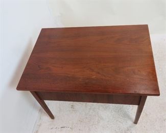 ITEM 210--- Mid century Danish modern 2 drawer teak table. 21" wide, 30" deep, 20.25" high $ 75.00