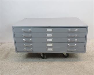 ITEM 222--- Vintage Cole , 5 drawer metal, blueprint, map, flat file cabinet. some surface marks, 40.5" wide, 29.5" deep to end of handles, 15.75" high. WE HAVE 2 AVAILABLE --$200.00 each