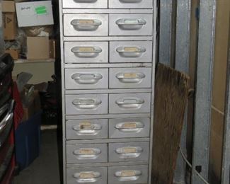 ITEM 226--- industrial art deco metal 20 drawer file cabinet. made by The Wright file company. 19" wide, 28.5" deep, 55.25" high, drawer size, 7.5" w x 26' deep, $350.00