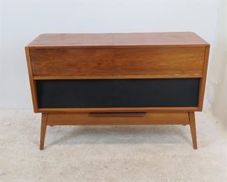 ITEM 227--- MCM stereo cabinet, no inner components or back panel. great looking cabinet to re-purpose. 44" wide, 15" deep, 29.5" high. $100.00