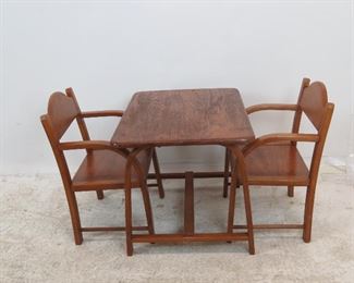 ITEM 229--- 3 piece childs bentwood table and chairs signed label- Delphos Bending Co. 1 chair needs tightening. table 25"long x 18"wide, 18" high $100.00