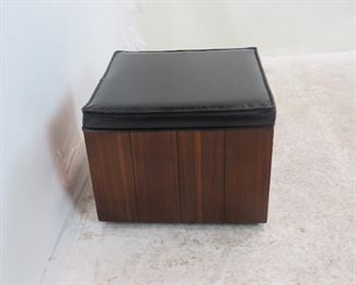 MCM wood and vinyl ottoman on wheels. 16" square, PIC 2