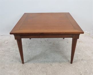ITEM 233--- MCM walnut table with dowel corners. 32' square , 20" high. chip on edge surface scratches. $75.00
