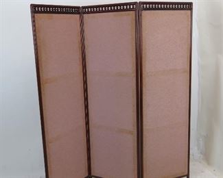 ITEM 234-- 3 section stick and ball screen / room divider, fabric is worn and dirty, frame has nicks, chips scratches. each section 19" wide, 59.5" high. $30.00