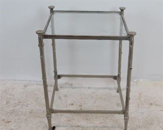 ITEM 238 cast metal twig style glass table, chips on glass, missing bottom glass. 20" wide, 20.25" deep, 25" high. glass size 17x17 $60.00