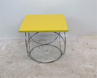 ITEM 241--- MCM chrome table with laminate top, corner chip on top, roughness on corners. 18" wide, 18" deep, 15.75" high. $50.00