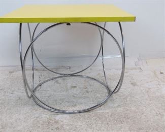 MCM chrome table with laminate top, corner chip on top, roughness on corners. PIC 3