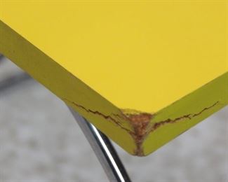 MCM chrome table with laminate top, corner chip on top, roughness on corners. PIC 2