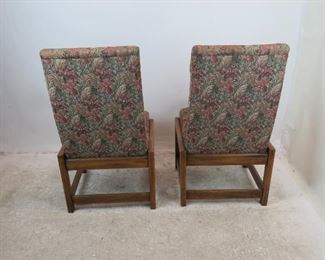 Frank Lloyd Wright style square wood frame, pair of upholstered chairs. PIC 3