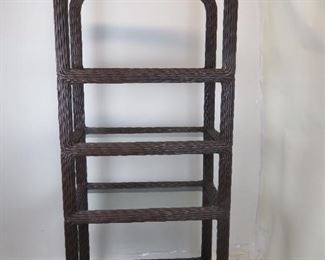 ITEM 245-- wicker 4 glass shelf etagere. 36" wide, 20.5" deep, 78" high. $200.00