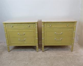 ITEM 246---Pair of faux bamboo bachelors chests w/ laminate tops -by Thomasville, has some nicks, marks scratches, can be repainted. 30" wide, 19" deep, 30" high. $400.00
