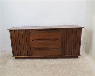 ITEM 248-- American Martinsville MCM ridge door credenza, 2 cabinet door and 3 drawers. Has surface marks and scratches. 66" long, 19" deep, 30" high. $450.00