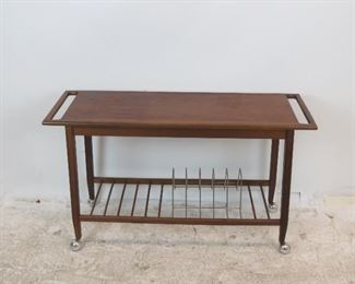 ITEM 254--- MCM rolling cart w danish PETER HVIDT style handles. has LP holder base. nicks and surface scratches. 42" long, 14" wide, 25" high. $225.00