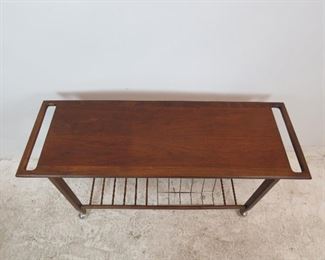 MCM rolling cart w danish PETER HVIDT style handles. has LP holder base. nicks and surface scratches. PIC 2