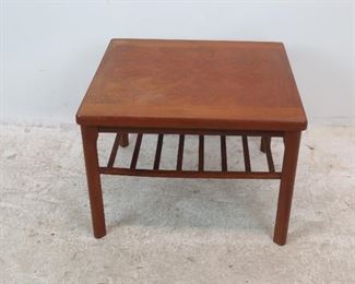 ITEM 257-- Danish teak table made in Denmark by Toften. slat repaired, surface stains, uneven. 27.5" wide, 25.5" deep, 20" high. $100.00