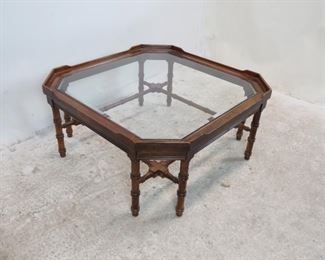 ITEM-270-- Lane faux bamboo and beveled glass coffee table. minor surface marks. 33.75" wide, 33.75" long, 15.75" high. $350.00