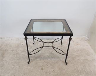 ITEM- 271-- Metal "picture frame" beveled glass top table w/ gilt metal accents. 28.25" wide, 24" deep, 26.5" high. $250.00