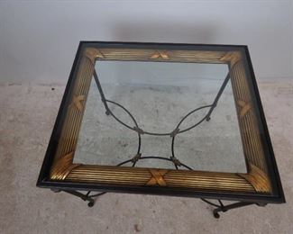 Metal "picture frame" beveled glass top table w/ gilt metal accents. PIC 2