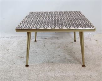 ITEM-- 274-- MCM tile top table with brass edging and feet. 24" x 24" , 15.25" high. $275.00