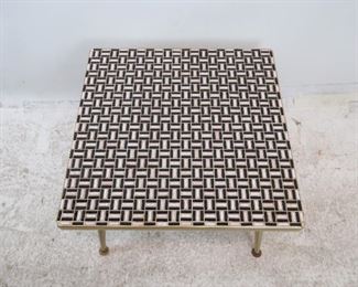 ITEM-- 274-- MCM tile top table with brass edging and feet. PIC 2