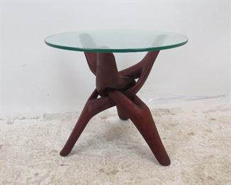 ITEM 281-Adrian Pearsall style glass top stand with folding base. 20" diameter top,17.5" high $175.00