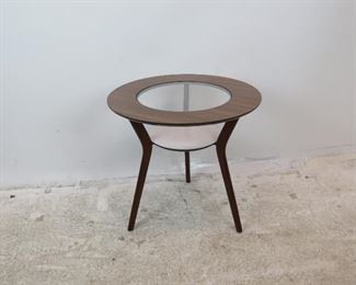 ITEM-288-- MCM 2 tier glass and laminate top table. 23.5" diameter, 14.5" diameter glass, 21.5" high. $175.00