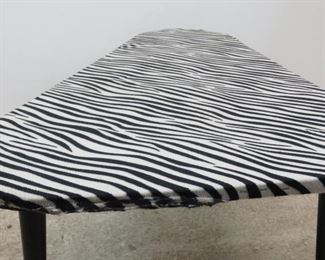 ITEM 300--MCM zebra pattern boomerang coffee table. minor stain, fabric lifting at ends. PIC 3