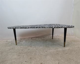 ITEM 300--MCM zebra pattern boomerang coffee table. minor stain, fabric lifting at ends. PIC 5