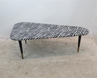 ITEM 300--MCM zebra pattern boomerang coffee table. minor stain, fabric lifting at ends. PIC 2