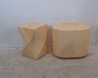 ITEM--303-- 2 faux marble composition pedestals / tables, minor finish loss, nicks, oval--26" x 18.25", 22" h, twist table--14.25" x 14.25" top, width 16", 23" high. $250.00