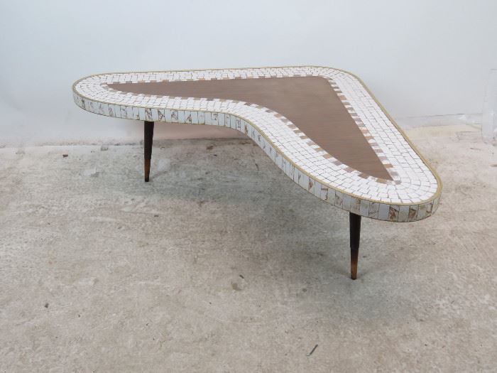 ITEM-304-- MCM tile top laminate boomerang coffee table.   54" long, 41" wide, 15" high.  $350.00    PIC-2