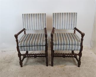 ITEM--350 Pair Jacobean style barley twist arm chairs. 23" w, 22" deep, 39" high, 18.5" high to seat. $250.00