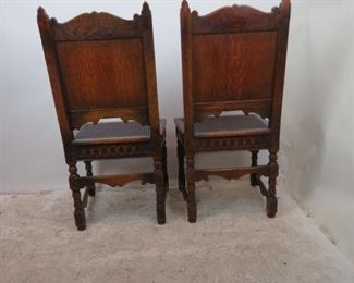 ITEM-358-- Pair of Carved Jacobean oak cane seat chairs. chip missing on runner, roughness and chips PIC 5