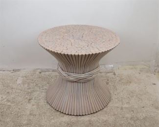 ITEM- 362-- Mcguire bamboo wheat sheaf table, no glass, bamboo splits top. 25" diameter, 22" high. $225.00