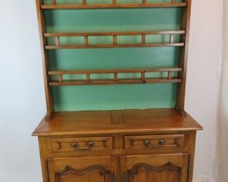 ITEM- 363--2 part country french step back cupboard with plate rack. comes with key. 51" wide, 18.5" deep, buffet 36.5" high, Total height 86.5, hutch top 50" high, molding -53" wide. $750.00