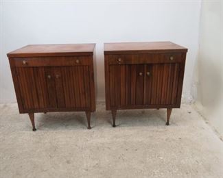 ITEM- 368-- Pair of MCM walnut nightstands. Great style but has finish ware. needs TLC. 24.25" wide, 17.5" deep to knobs. 27" high. $300.00