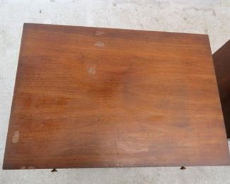 ITEM- 368-- Pair of MCM walnut nightstands. Great style but has finish ware. needs TLC. PIC 5