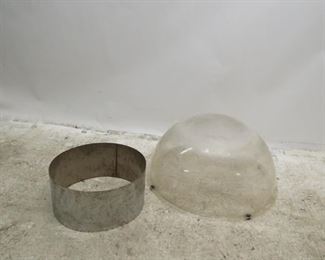 ITEM 376-- 2 part MCM sheet metal and plastic table base or planter. Inside plastic bowl has a lot of scratches, water stain. bowl has rubber feet or spacers. PIC 3