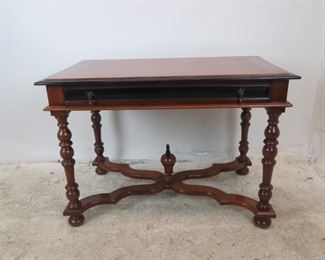 ITEM-381-- mahogany library / console with ebonized trim , turned legs and 1 drawer. 42.5" wide, 26.25" deep, 30" high. $125.00