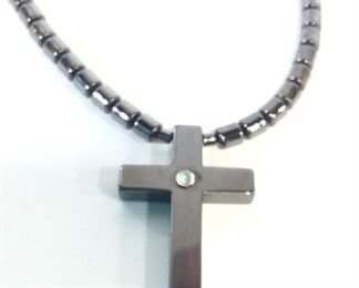 Hematite Bead & Cross Pendant Necklace