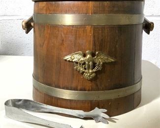 Vintage Wood Brass Ice Bucket w Tongs, Vermont