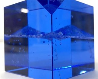 Signed Cerulean Art Glass Cube Shaped Paperweight