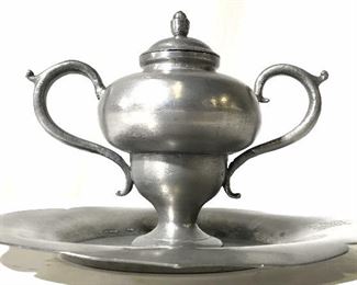 Lot 2 Signed Handled Pewter Vessel & Plate
