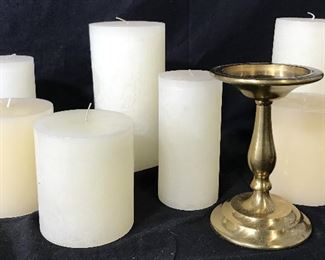 Collection of Pillar Candles and Brass Holder